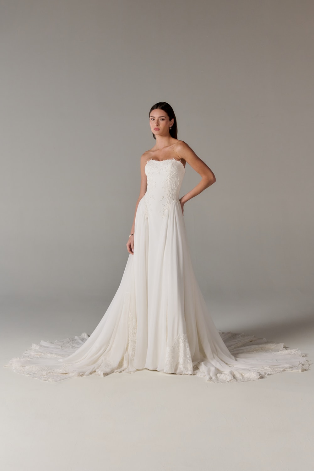 Plus-Size Simple A-Line Wedding Dress with Matte Lace Appliques by Poeza — image 1 of 2
