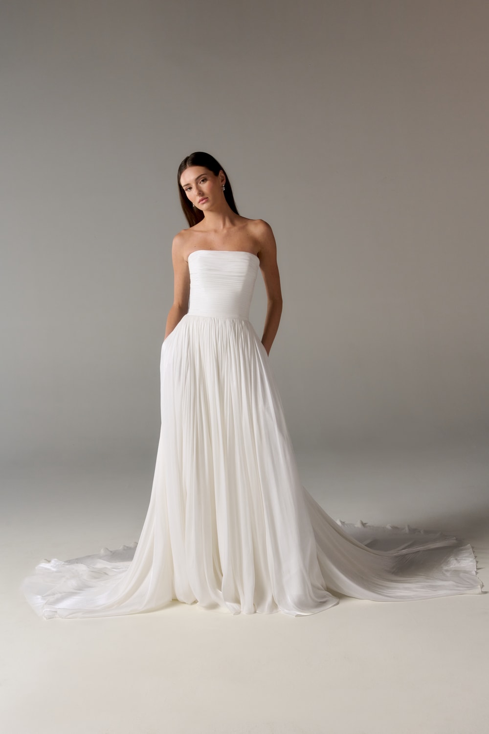 Plus-Size Simple and Flowy Straight Neck A-Line Wedding Dress by Poeza — image 1 of 2