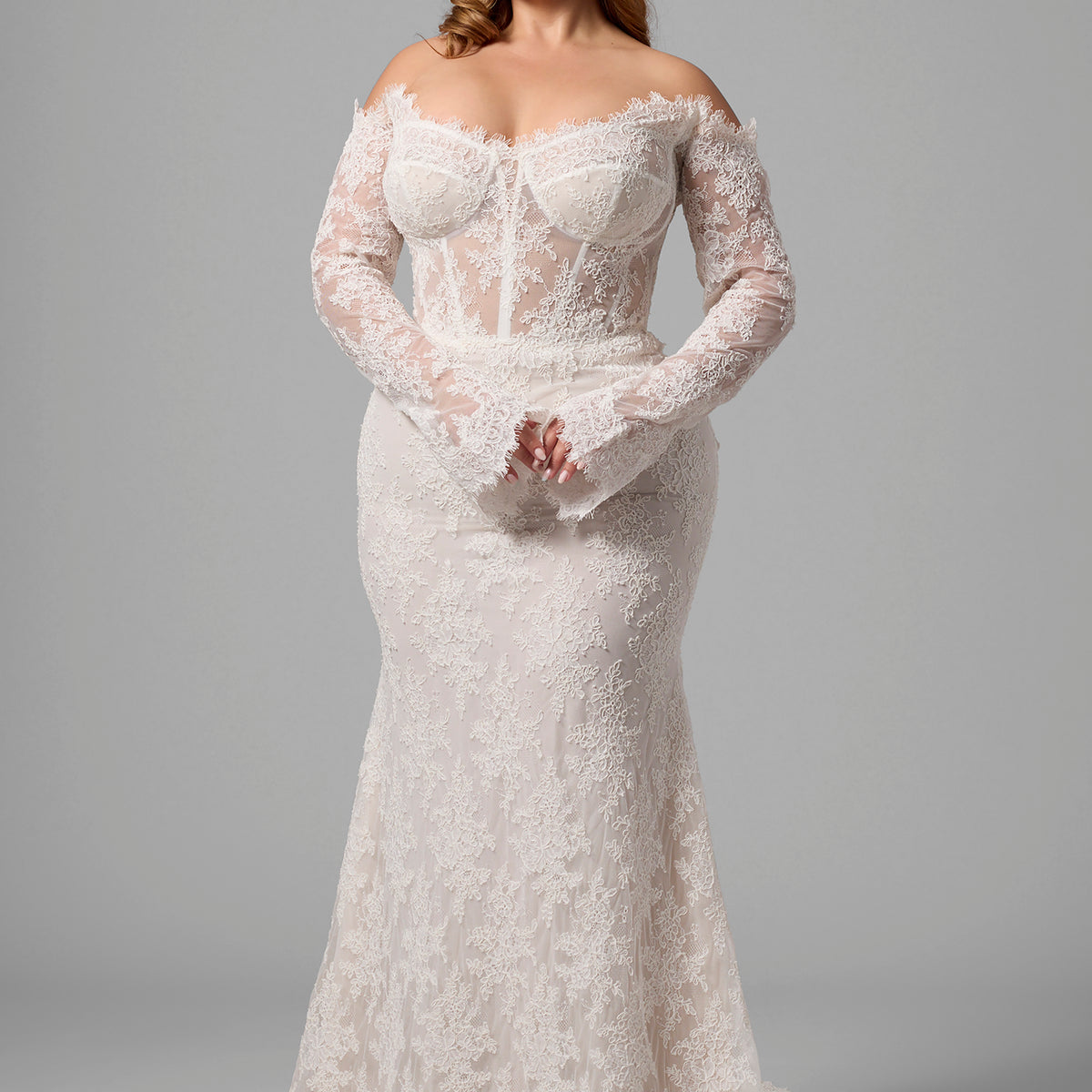 Plus-Size Off-The-Shoulder Long Sleeve Lace Fit-And-Flare Wedding Dress With Corset