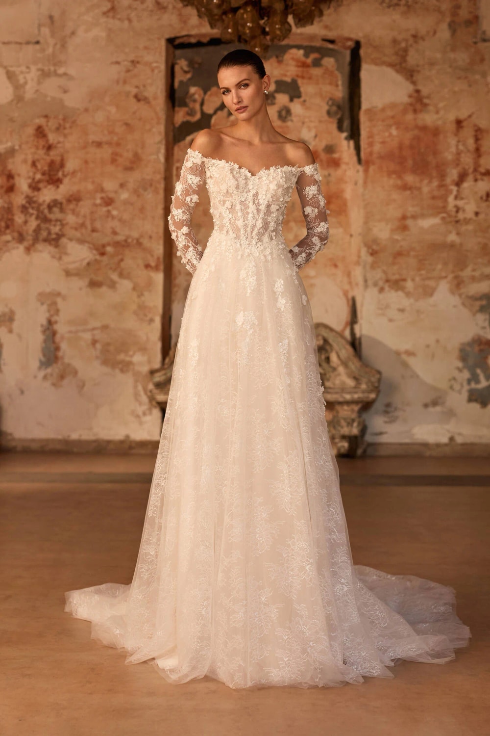 Feminine and Sweet Off-The-Shoulder A-Line Wedding Dress by Pronovias — image 1 of 2