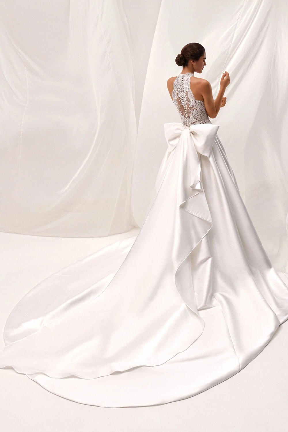 High Neck Halter Ball Gown with Lace Detailed Bodice and Detachable Bow by Pronovias — image 2 of 3