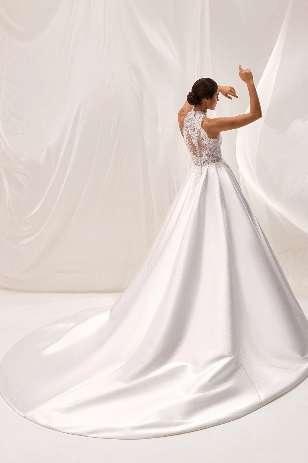 High Neck Halter Ball Gown with Lace Detailed Bodice and Detachable Bow by Pronovias — image 3 of 3