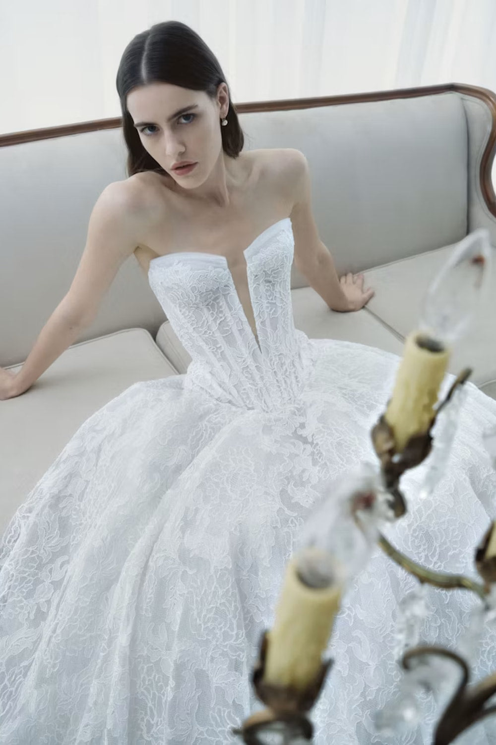 Delicate and Romantic Lace V-Neck Ballgown by Rivini — image 1 of 3