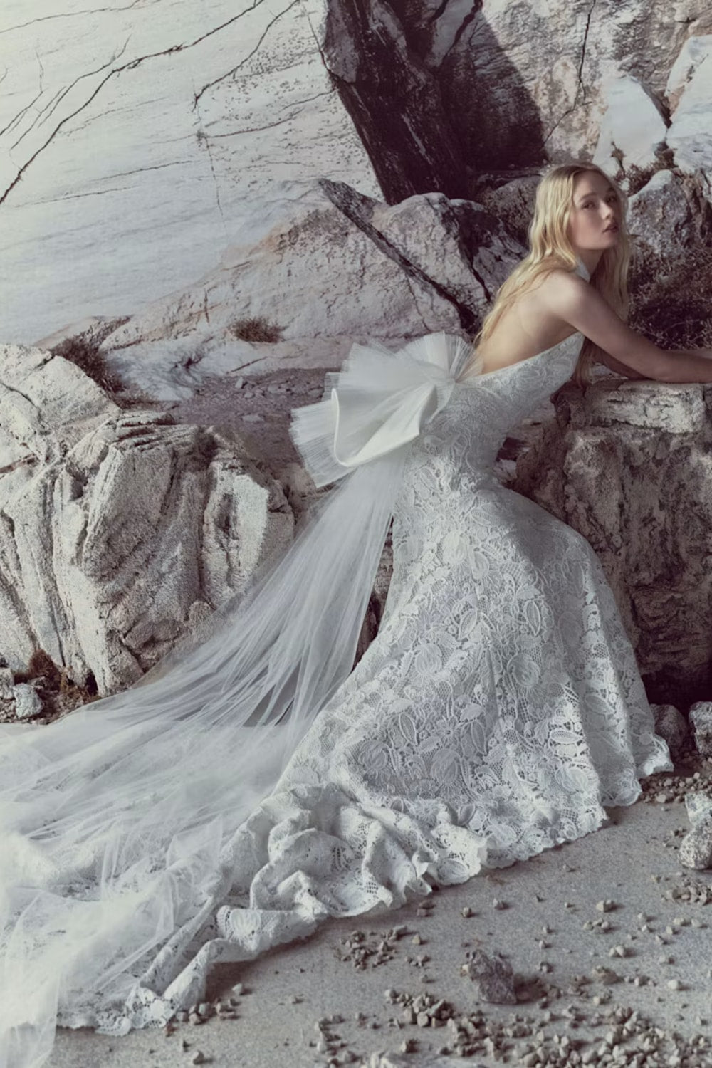 Romantic Halter Lace Sheath Wedding Dress with Ruffled Detail by Rivini — image 3 of 3