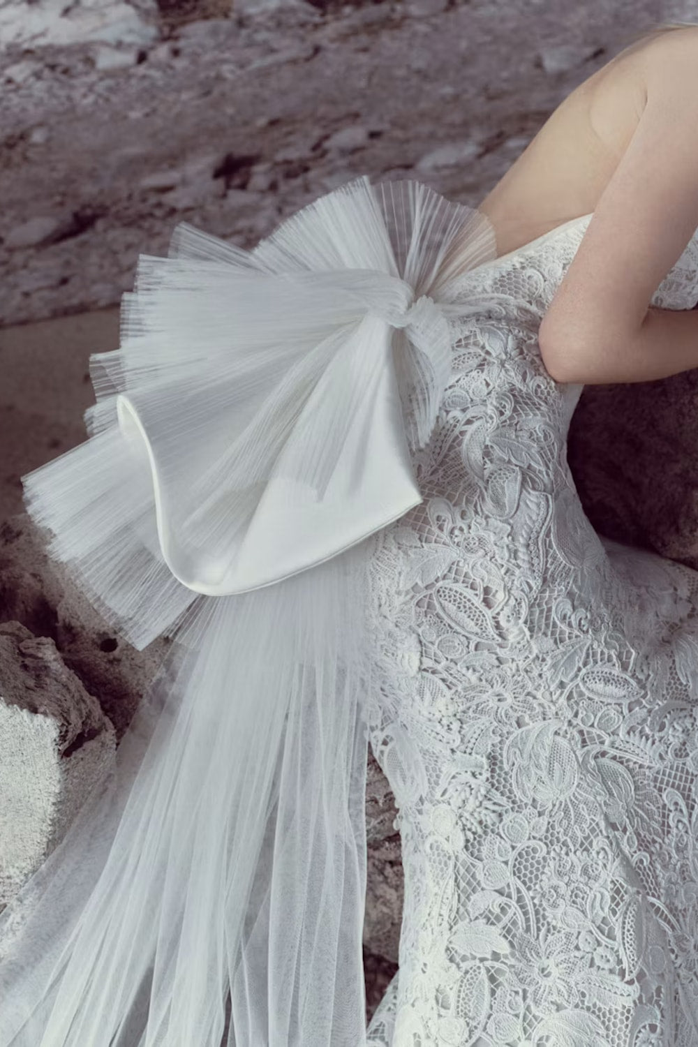 Romantic Halter Lace Sheath Wedding Dress with Ruffled Detail by Rivini — image 2 of 3