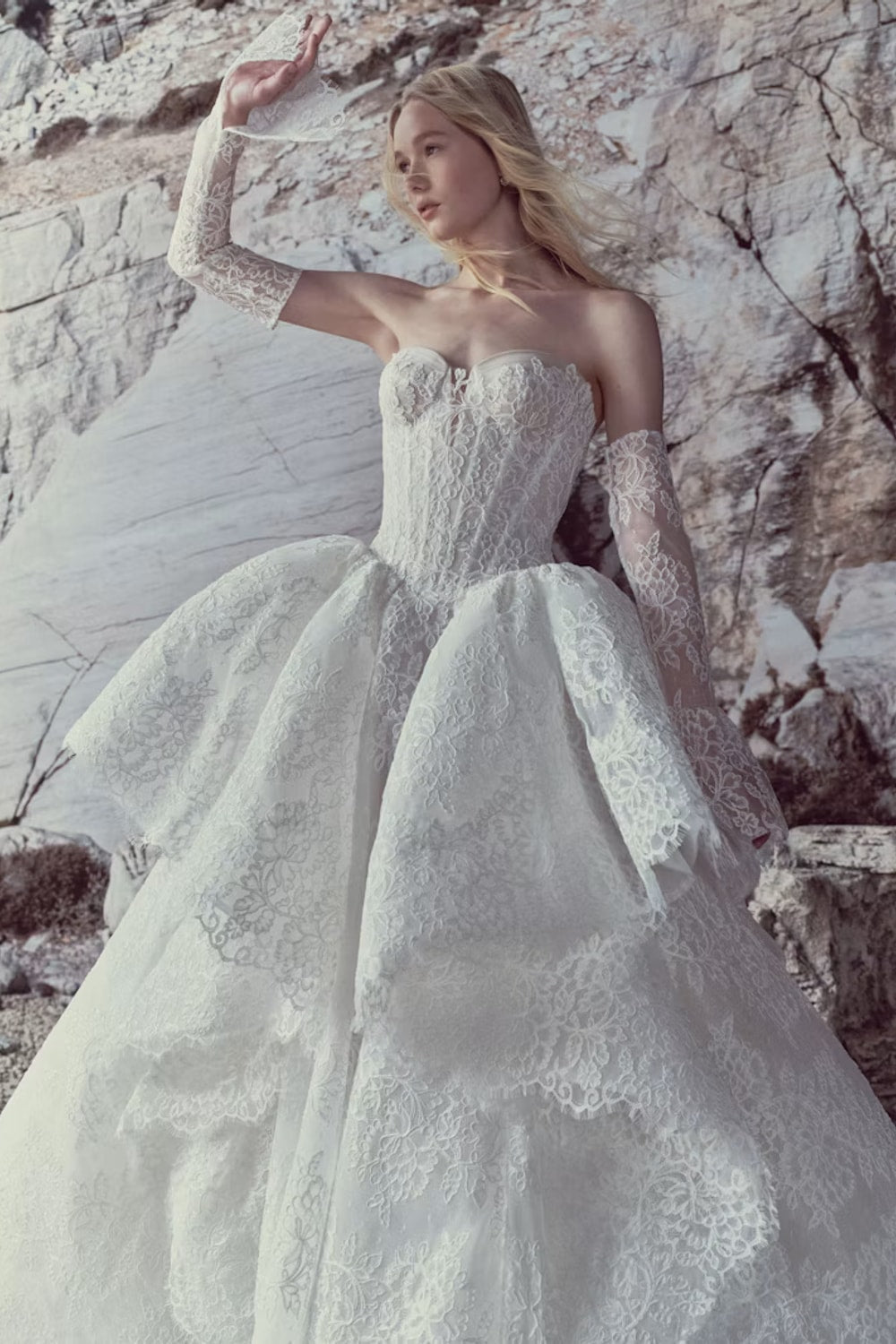Romantic Lace Ball Gown with Voluminous Layered Lace Tiered Skirt by Rivini — image 2 of 3