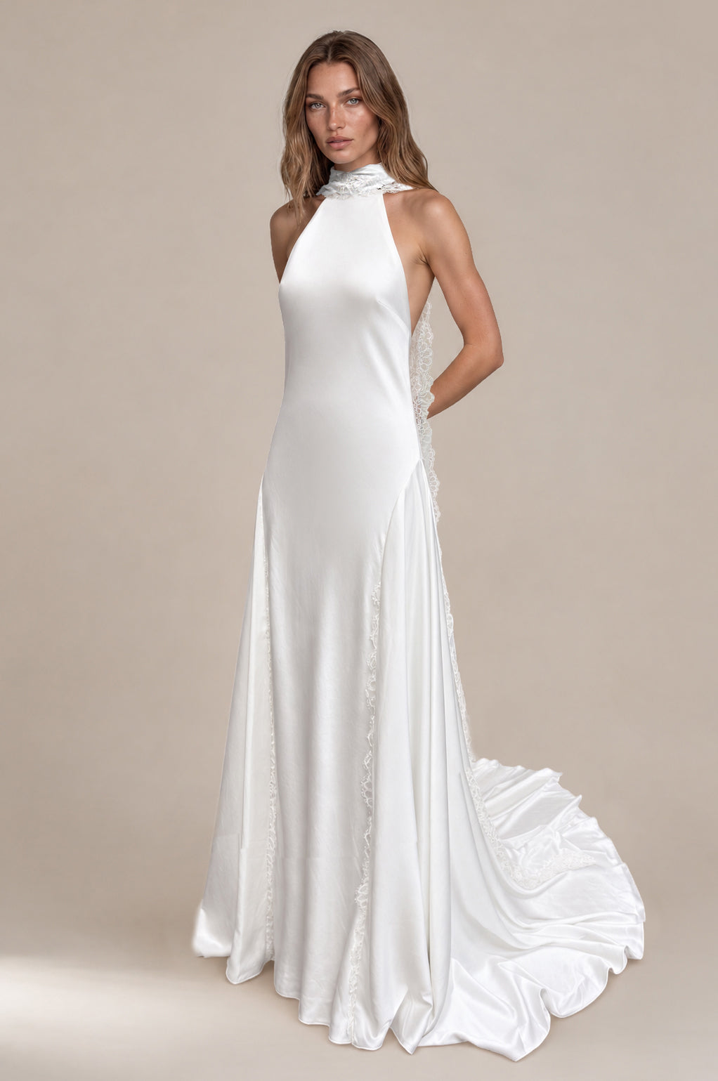Chic and Sexy High Neck Sheath Wedding Dress with Dramatic Open Back