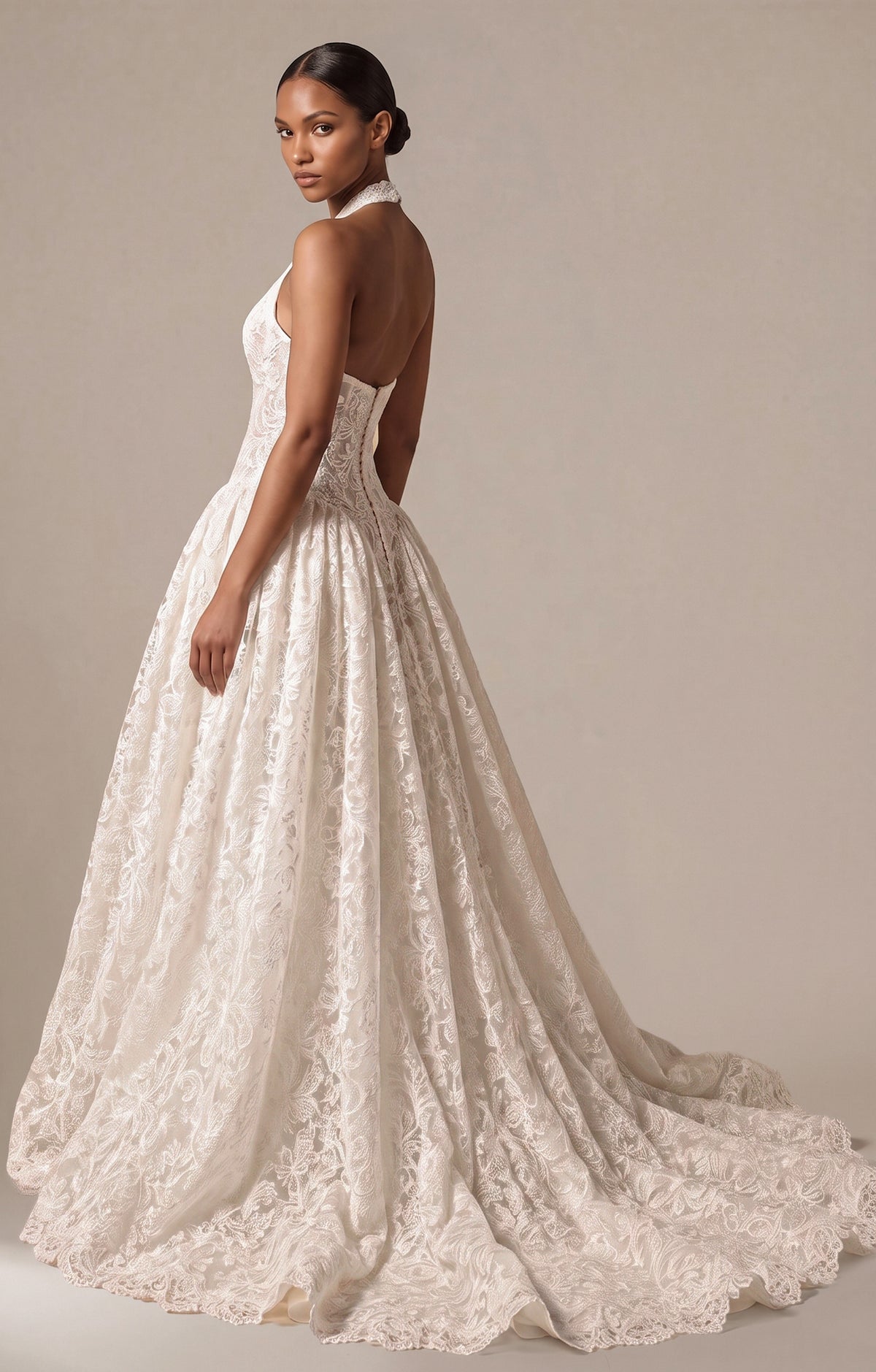 All Over Lace Modern Halter A-Line Wedding Dress with Dropped Waist