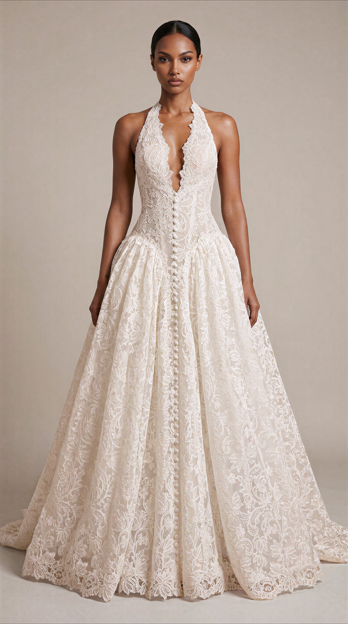 All Over Lace Modern Halter A-Line Wedding Dress with Dropped Waist