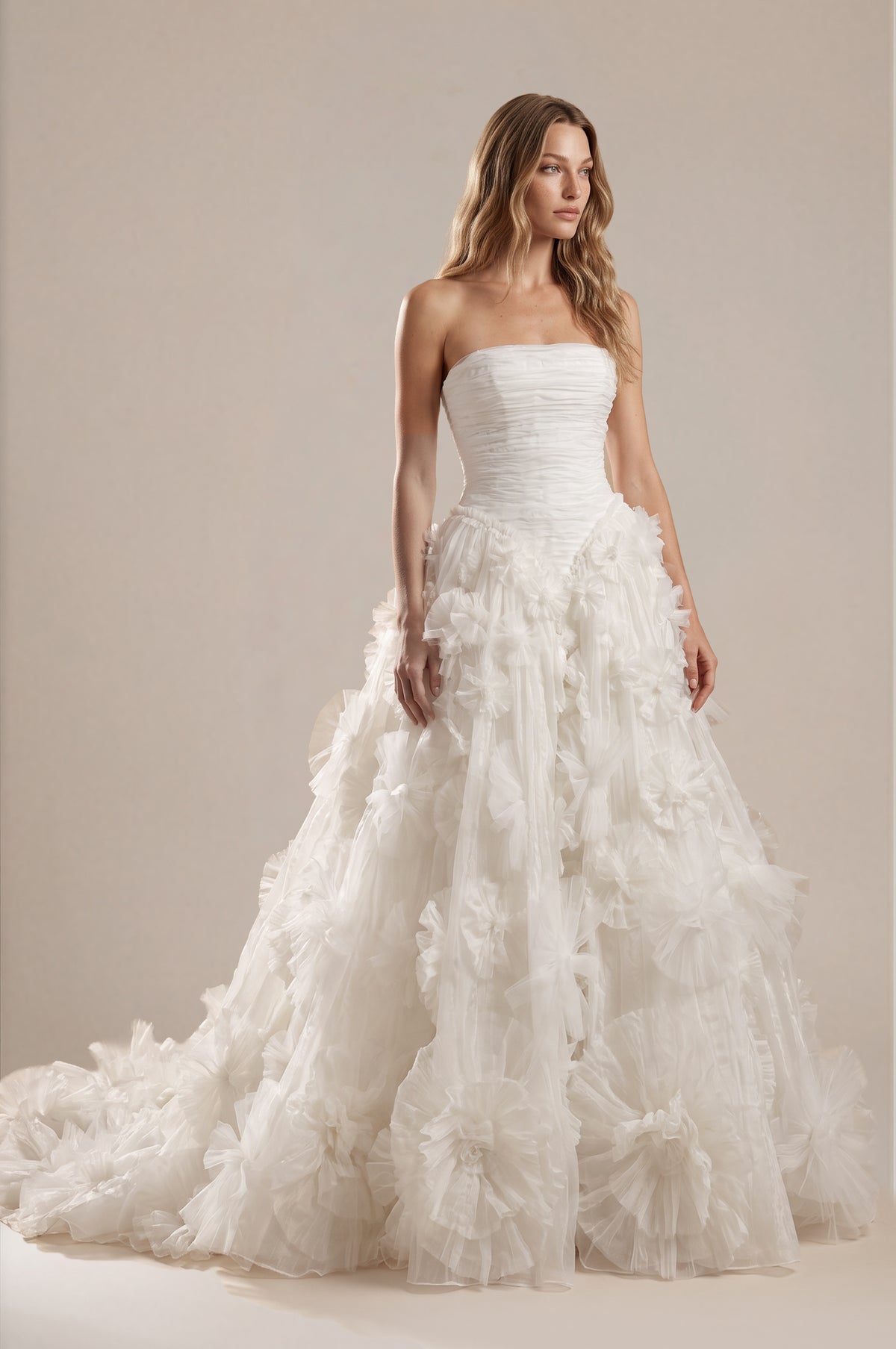 Strapless Basque Waist Ball Gown with Hand Cut 3D Flowers