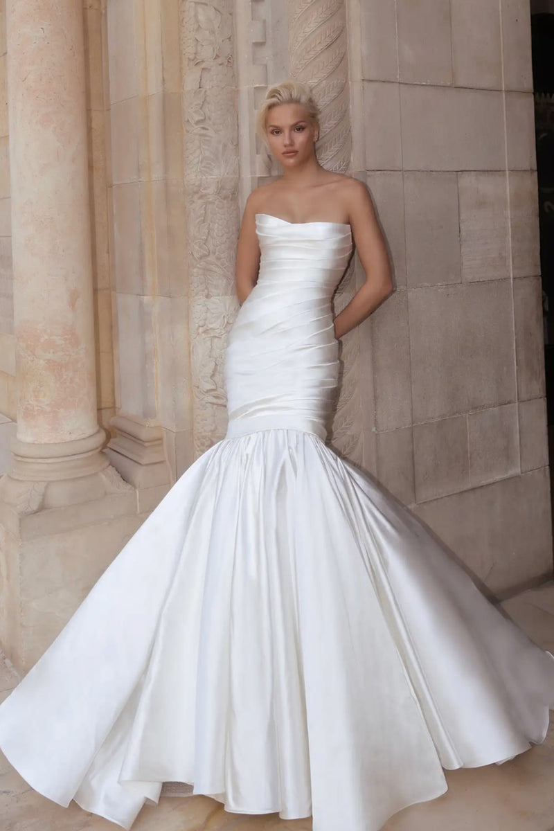 satin ruched mermaid wedding dress Elegant Simple Trumpet V Neck Ruched Soft Satin Wedding Dress with Slit  Illusion Lace Train S3080W - Wedding Dresses