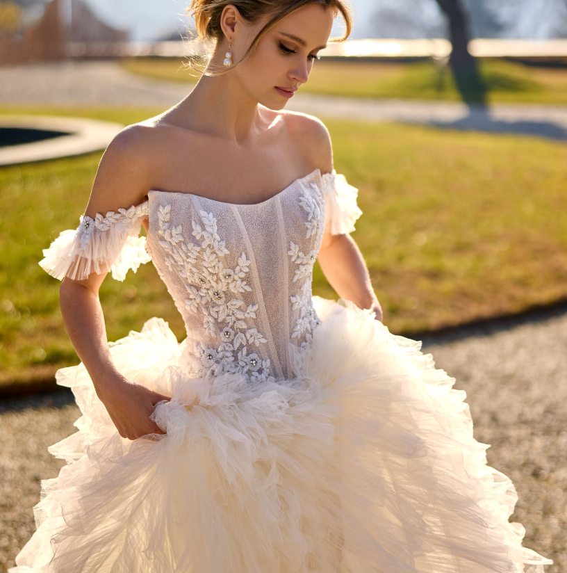 Off-The-Shoulder Ruffled Ball Gown