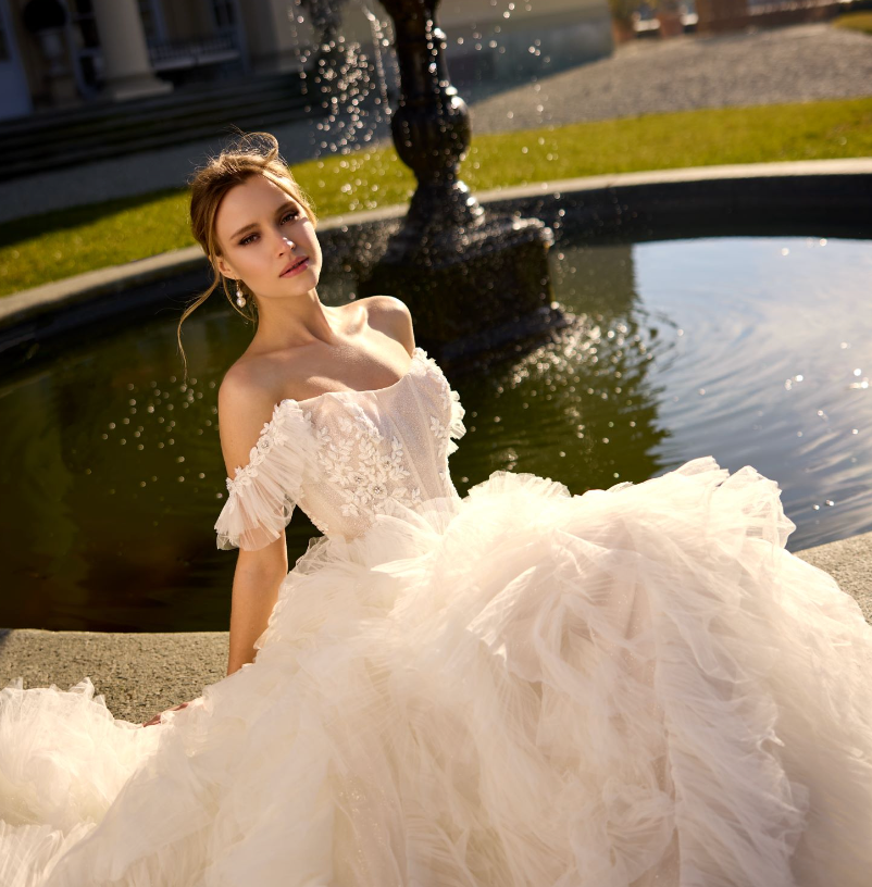 Off-The-Shoulder Ruffled Ball Gown