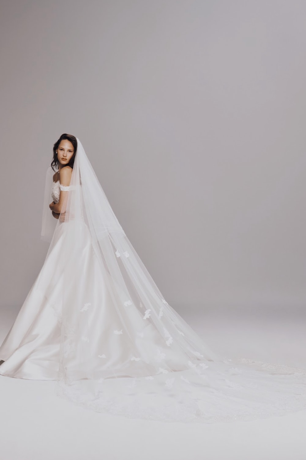 Off-The-Shoulder A-Line Wedding Dress with Lace Detailed Bodice by Nicole + Felicia For Kleinfeld — image 2 of 3