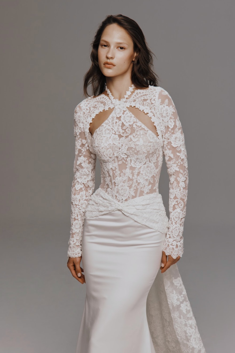 Halter Neck Mermaid Wedding Dress with Lace Detailing by Nicole + Felicia For Kleinfeld — image 3 of 5