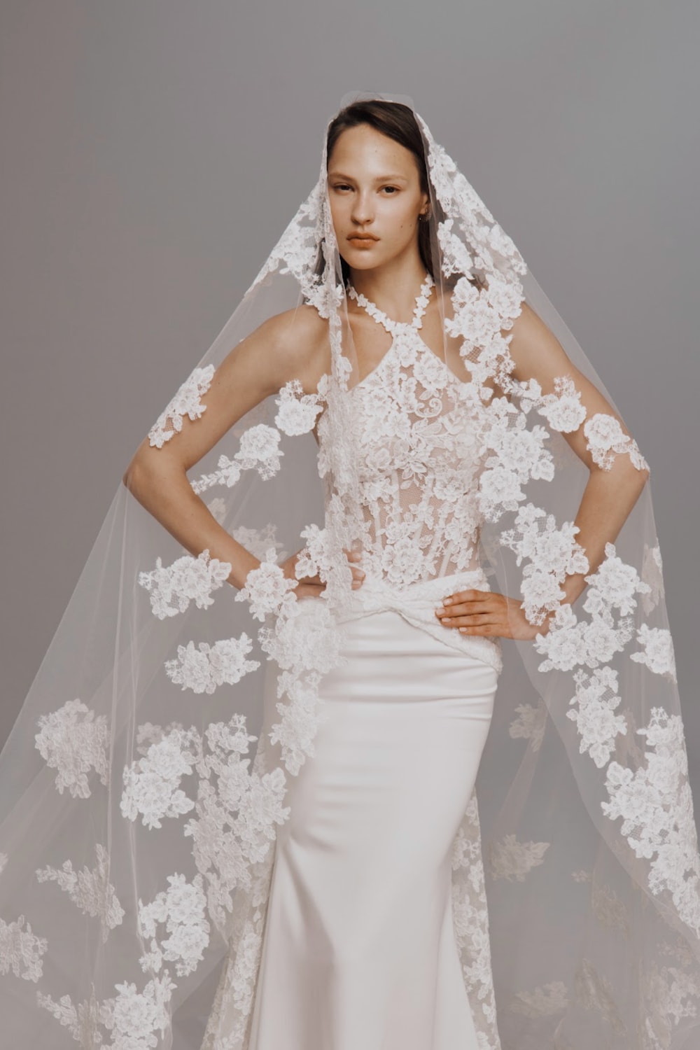 Halter Neck Mermaid Wedding Dress with Lace Detailing by Nicole + Felicia For Kleinfeld — image 4 of 5