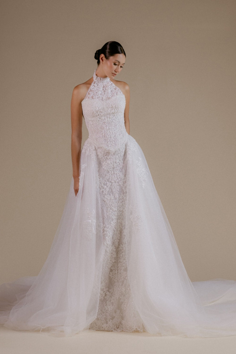Romantic Fit-And-Flare Wedding Dress with Detachable Overskirt by Viola Chan for Kleinfeld — image 1 of 4