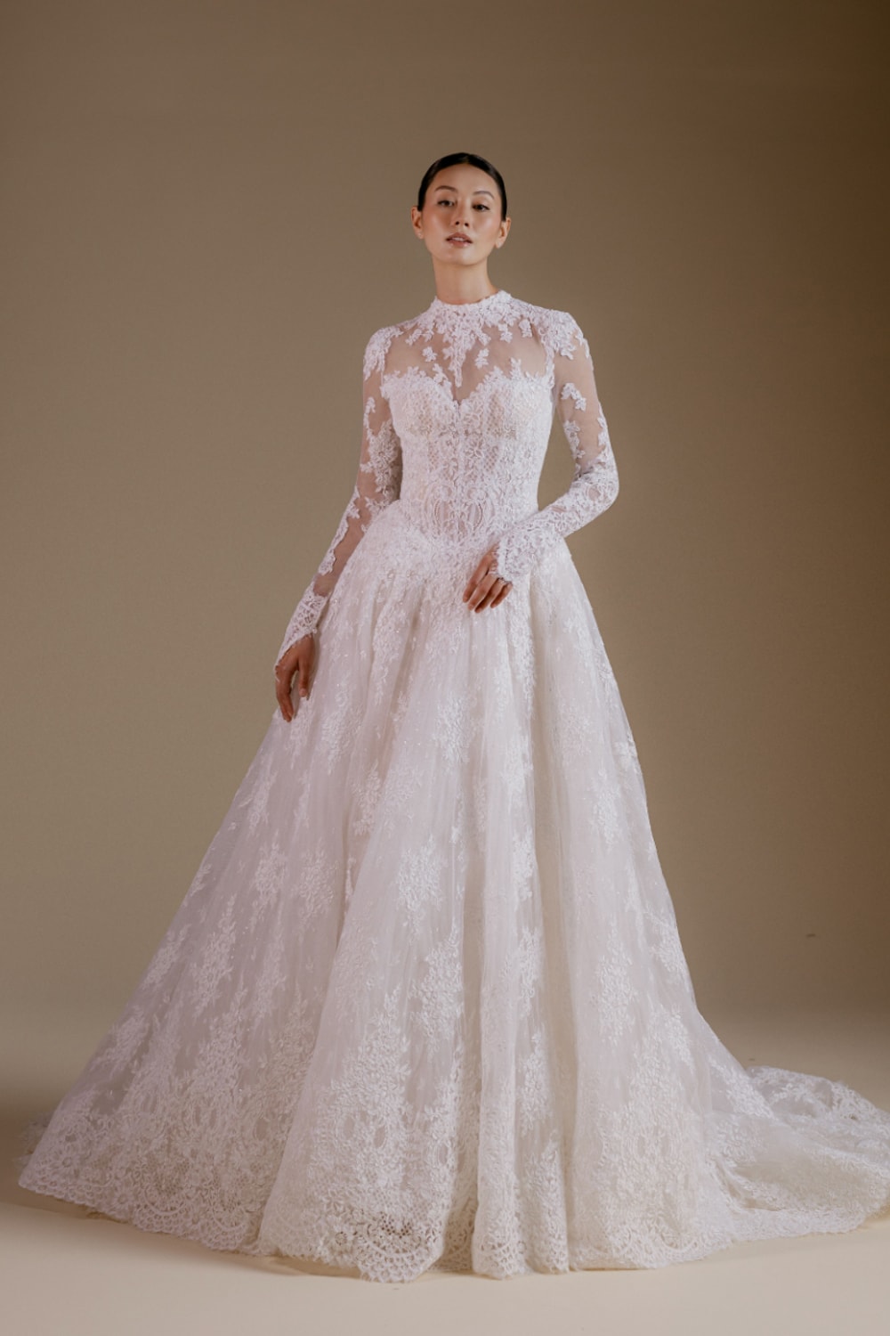 Long Sleeve Lace Detailed Ball Gown with Drop Waist by Viola Chan for Kleinfeld — image 1 of 4