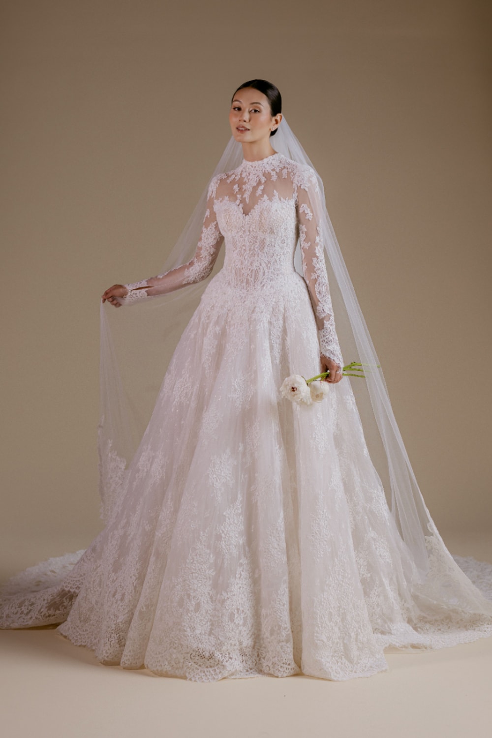 Long Sleeve Lace Detailed Ball Gown with Drop Waist by Viola Chan for Kleinfeld — image 4 of 4