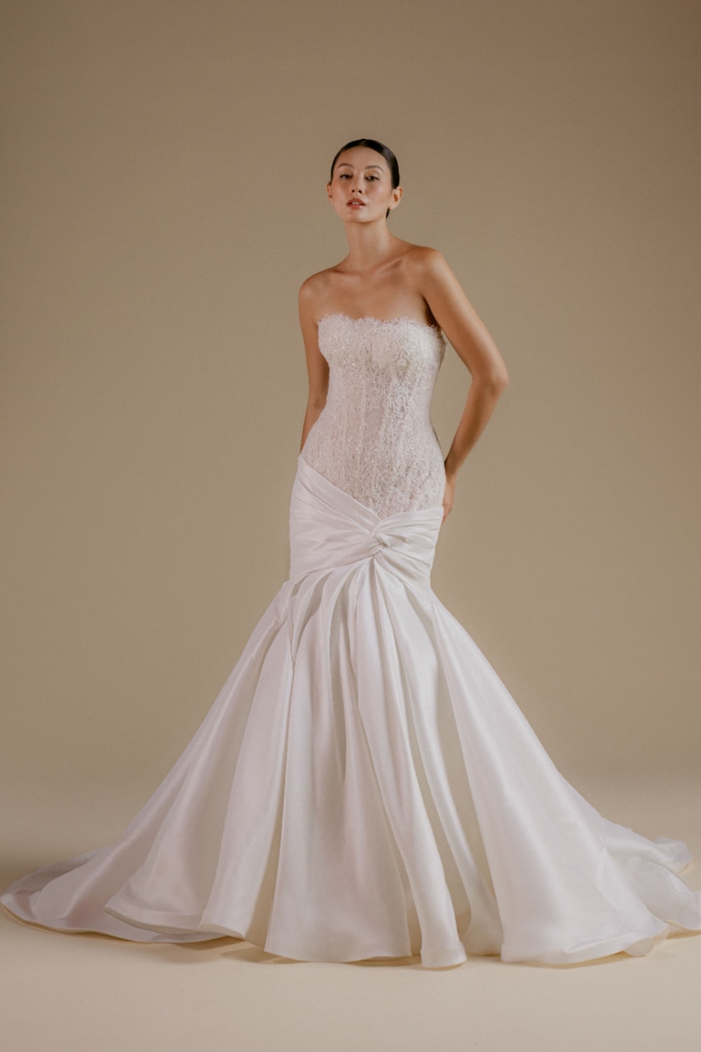 Unique Mermaid Gown with Lace Bodice by Viola Chan for Kleinfeld — image 1 of 4