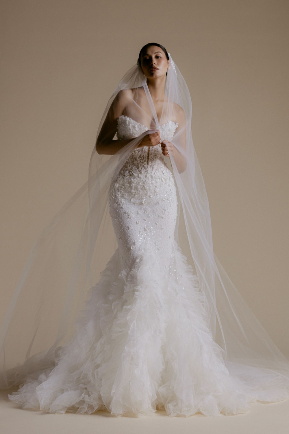 Detailed Mermaid Wedding Dress with Layered Ruffled Tulle by Viola Chan for Kleinfeld — image 3 of 4