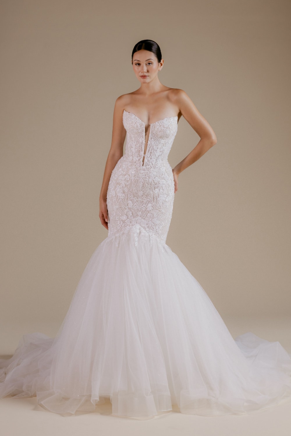 Chic Mermaid Wedding Dress with Airy Tulle Skirt by Viola Chan for Kleinfeld — image 1 of 4