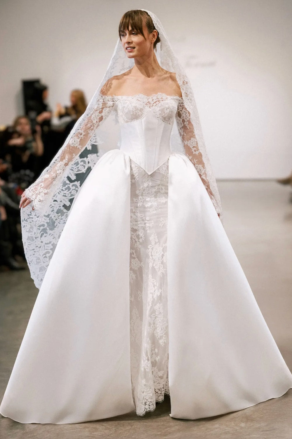 Off-The-Shoulder Lace Sheath Wedding Dress with Detachable Overskirt by Love by Pnina Tornai — image 1 of 3