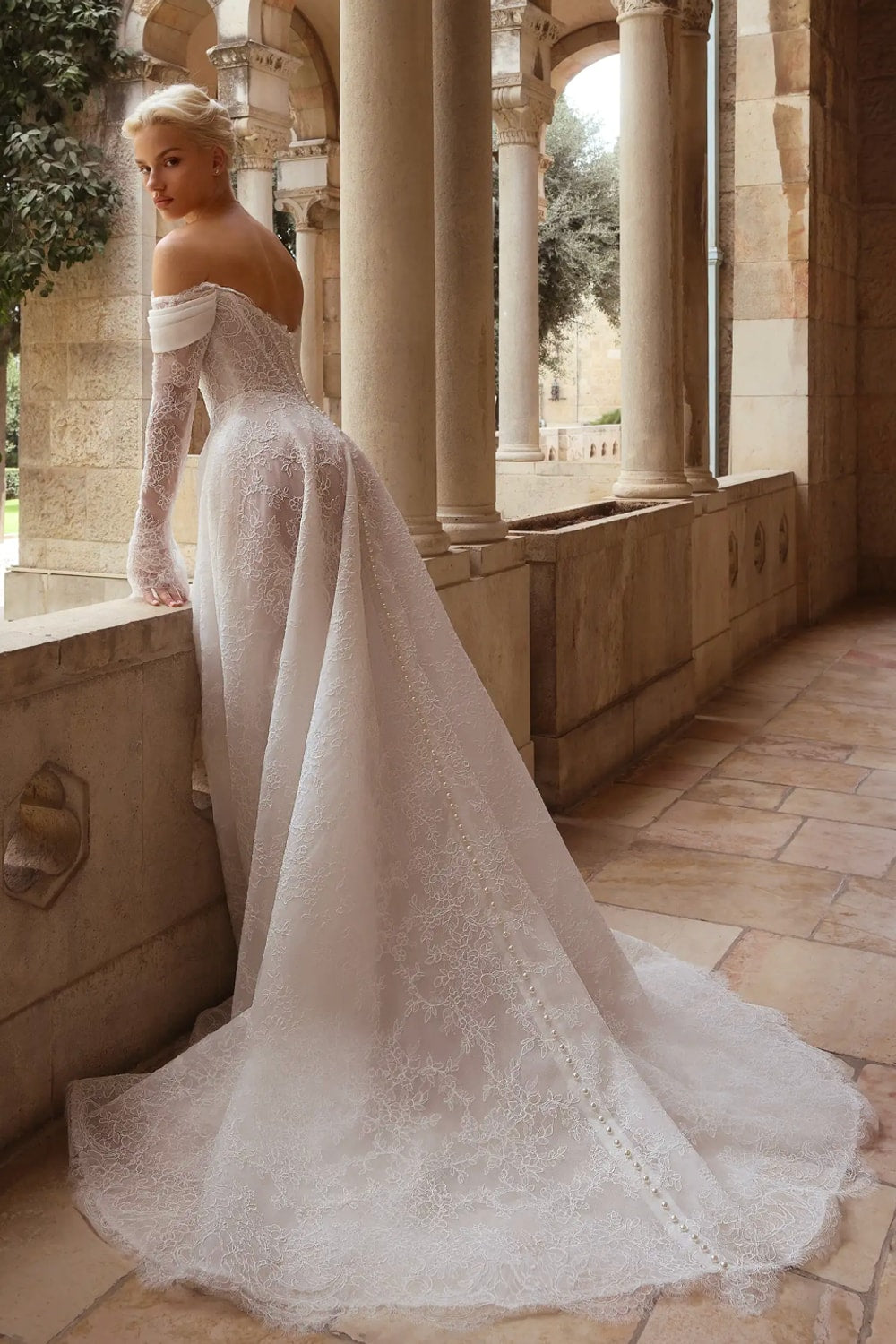 Off-The-Shoulder Soft A-Line Wedding Dress with Detailed Floral Lace by Love by Pnina Tornai — image 3 of 3