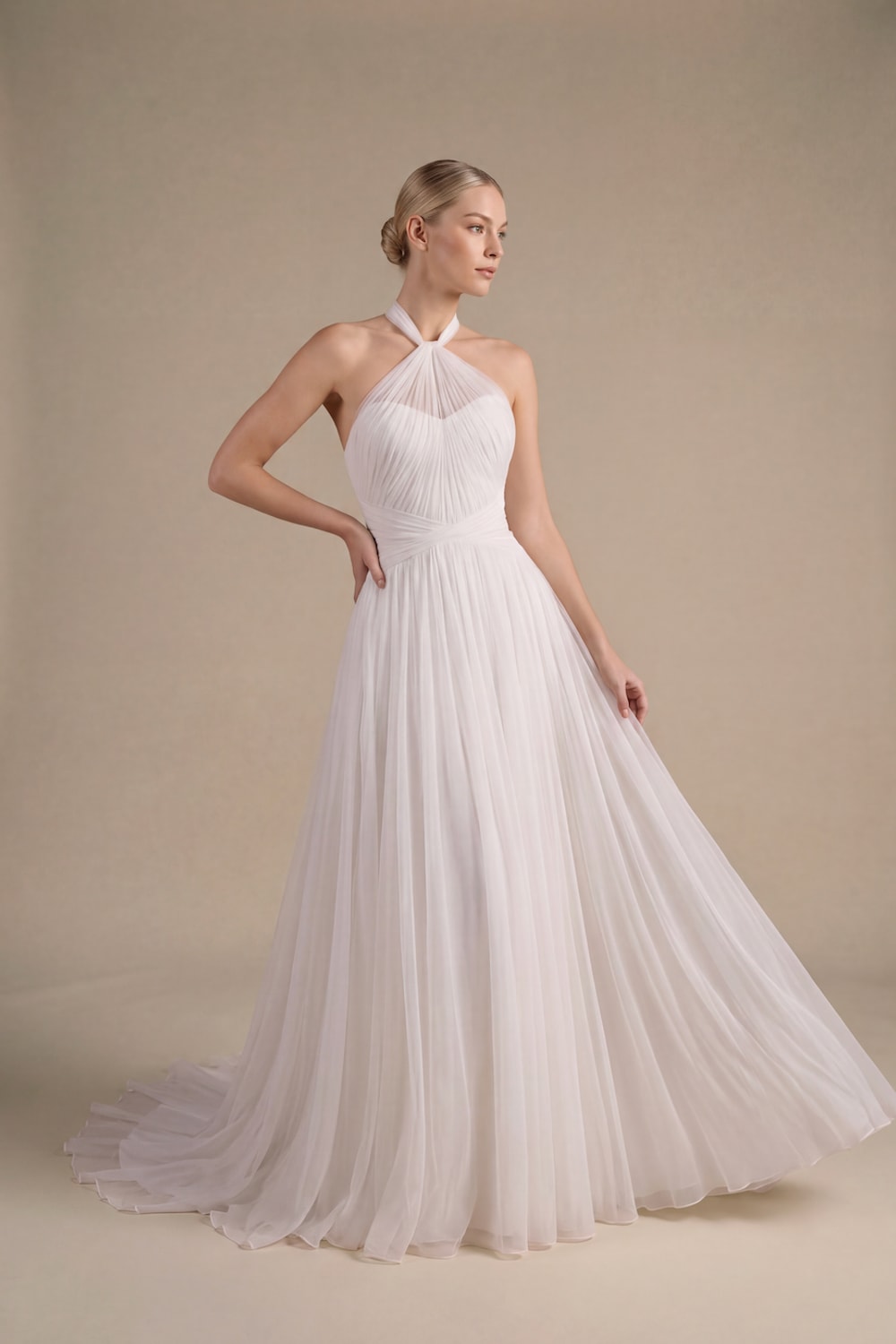 Modern Hand-Draped Fluid A-Line Wedding Dress by Kleinfeld By Viola Chan — image 1 of 4