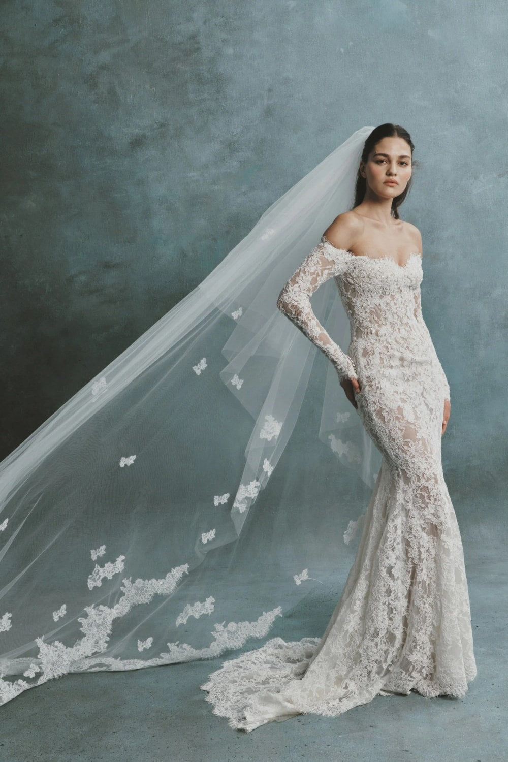 Long Sleeve Off-The-Shoulder Fit-and-Flare Wedding Dress by Senstudio — image 2 of 3