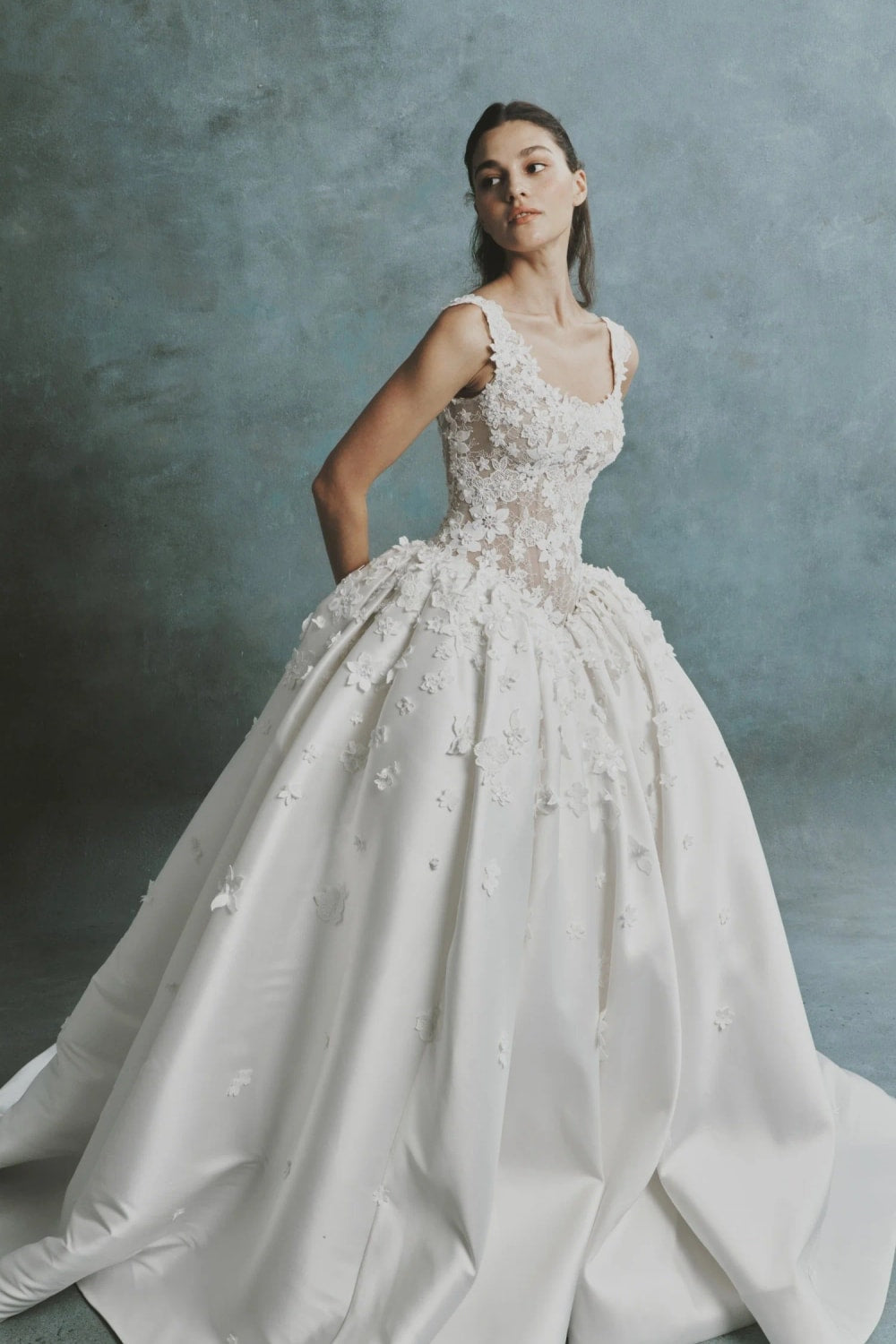 Sleeveless Lace Bodice Ball Gown with Flower Appliqué by Senstudio — image 1 of 2