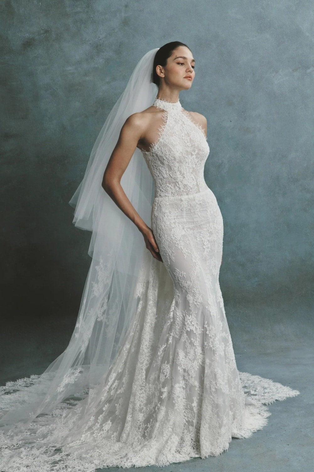 All-Over Lace Halter Fit-And-Flare Wedding Dress with Detachable Train by Senstudio — image 1 of 3