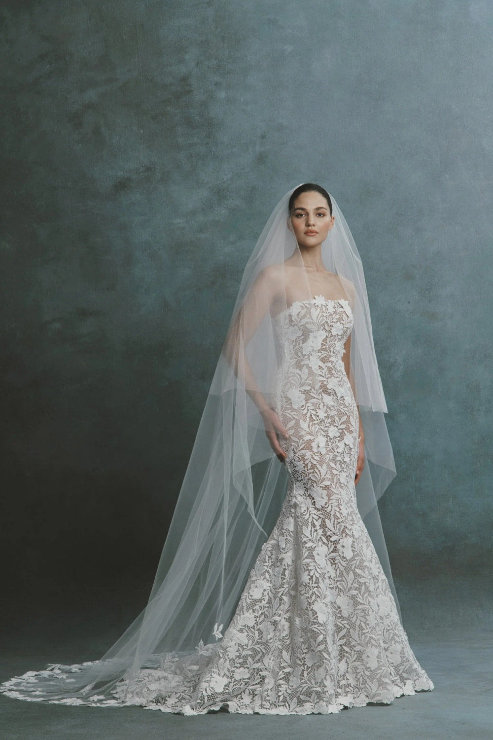 Strapless Mermaid Wedding Dress with All-Over Lace Appliqué by Nicole + Felicia — image 1 of 2