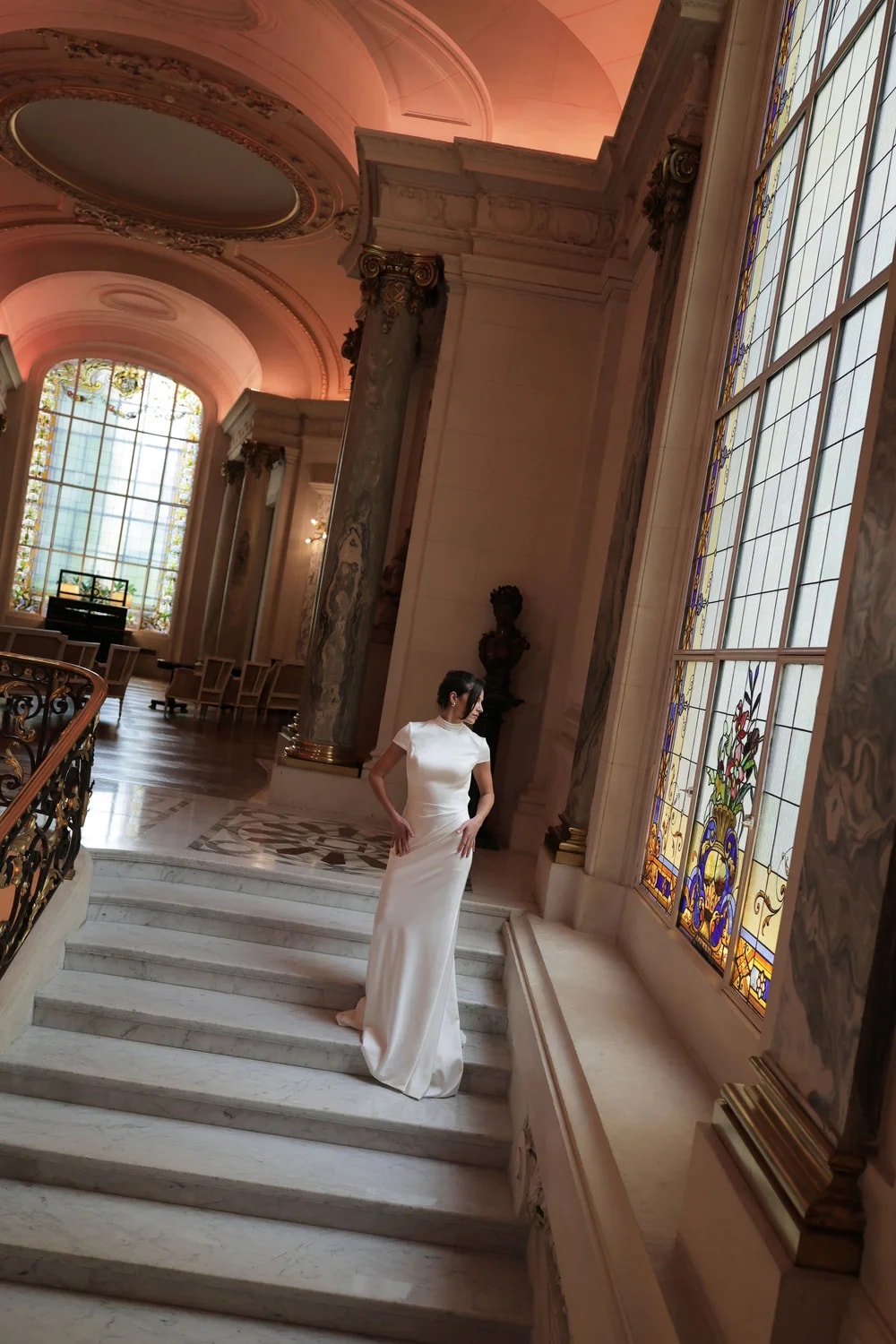 High-Neck Cap Sleeve Sheath Wedding Dress by Trish Peng — image 1 of 5