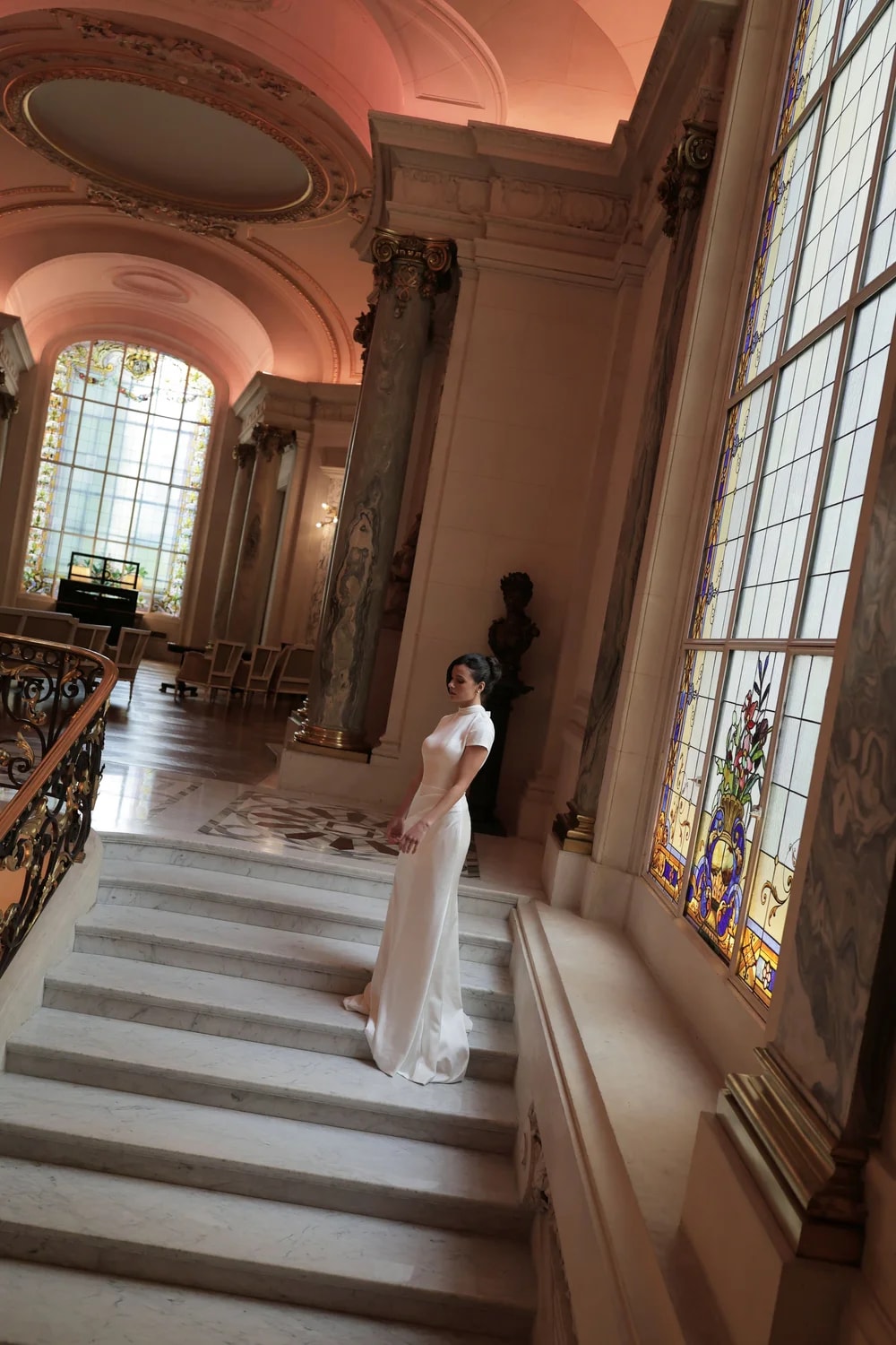 High-Neck Cap Sleeve Sheath Wedding Dress by Trish Peng — image 2 of 5