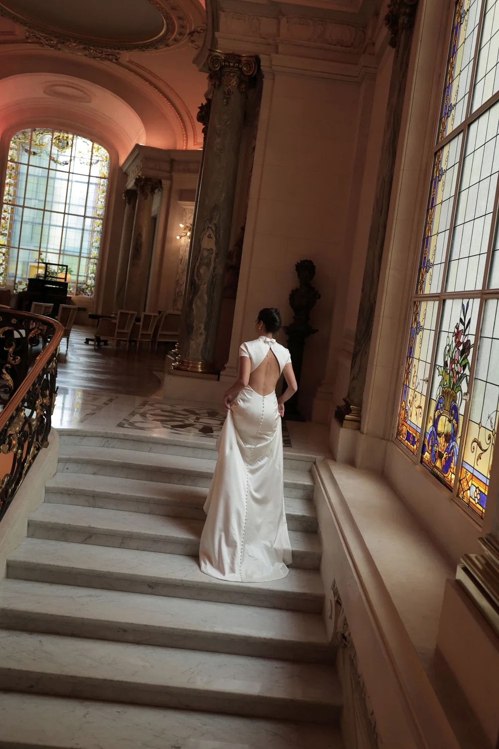High-Neck Cap Sleeve Sheath Wedding Dress by Trish Peng — image 4 of 5