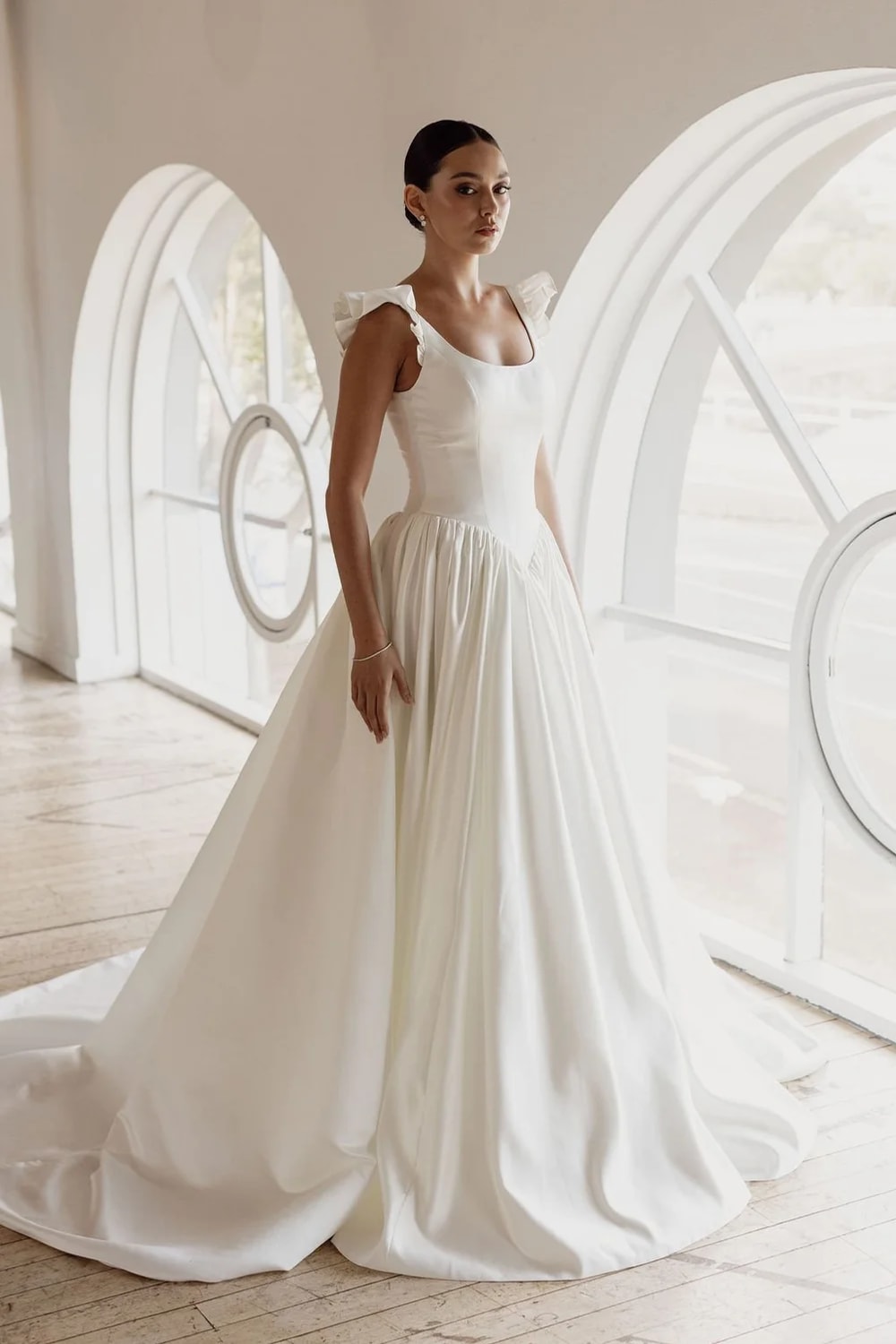 Delicate and Feminine A-Line Wedding Dress with Ruffle Straps and Basque Waist by Trish Peng — image 4 of 5