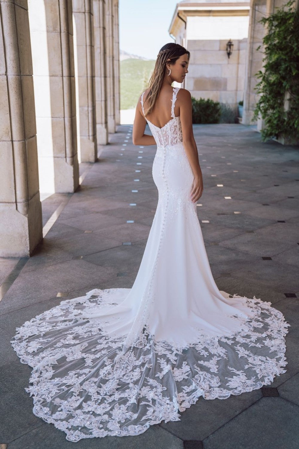 Crepe Sheath Wedding Dress With Corset Lace Bodice by Allure Bridals — image 2 of 2
