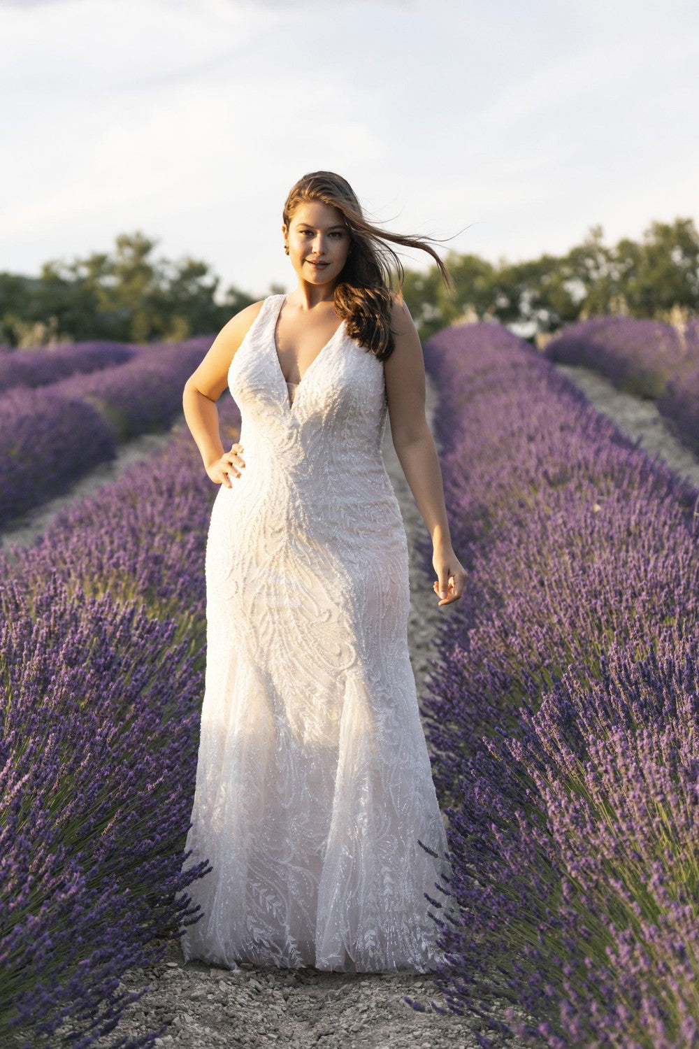 Plus-Size Embellished V-Neck Sheath Wedding Dress With Buttons by Allure Bridals — image 1 of 2