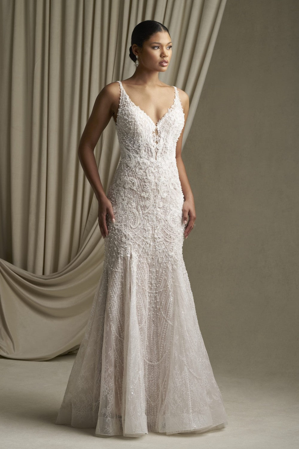 Lace Sheath Wedding Dress With Pearl Details by Allure Bridals — image 1 of 4