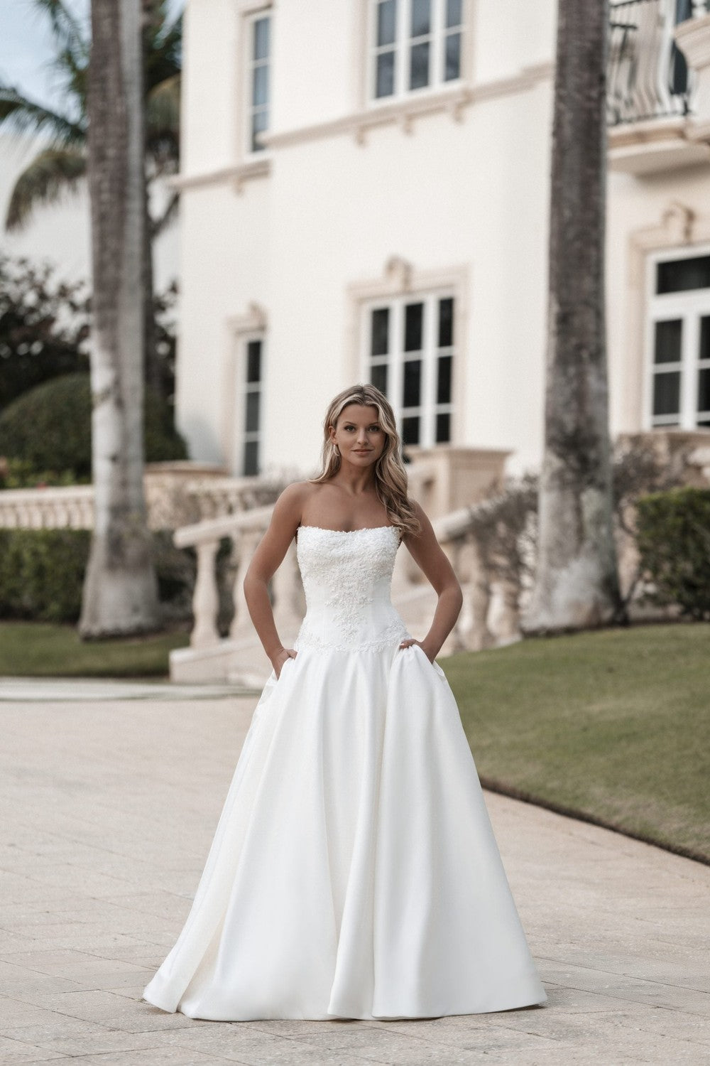 Regal And Romantic Drop-Waist Embellished Satin Ball Gown With Buttons
