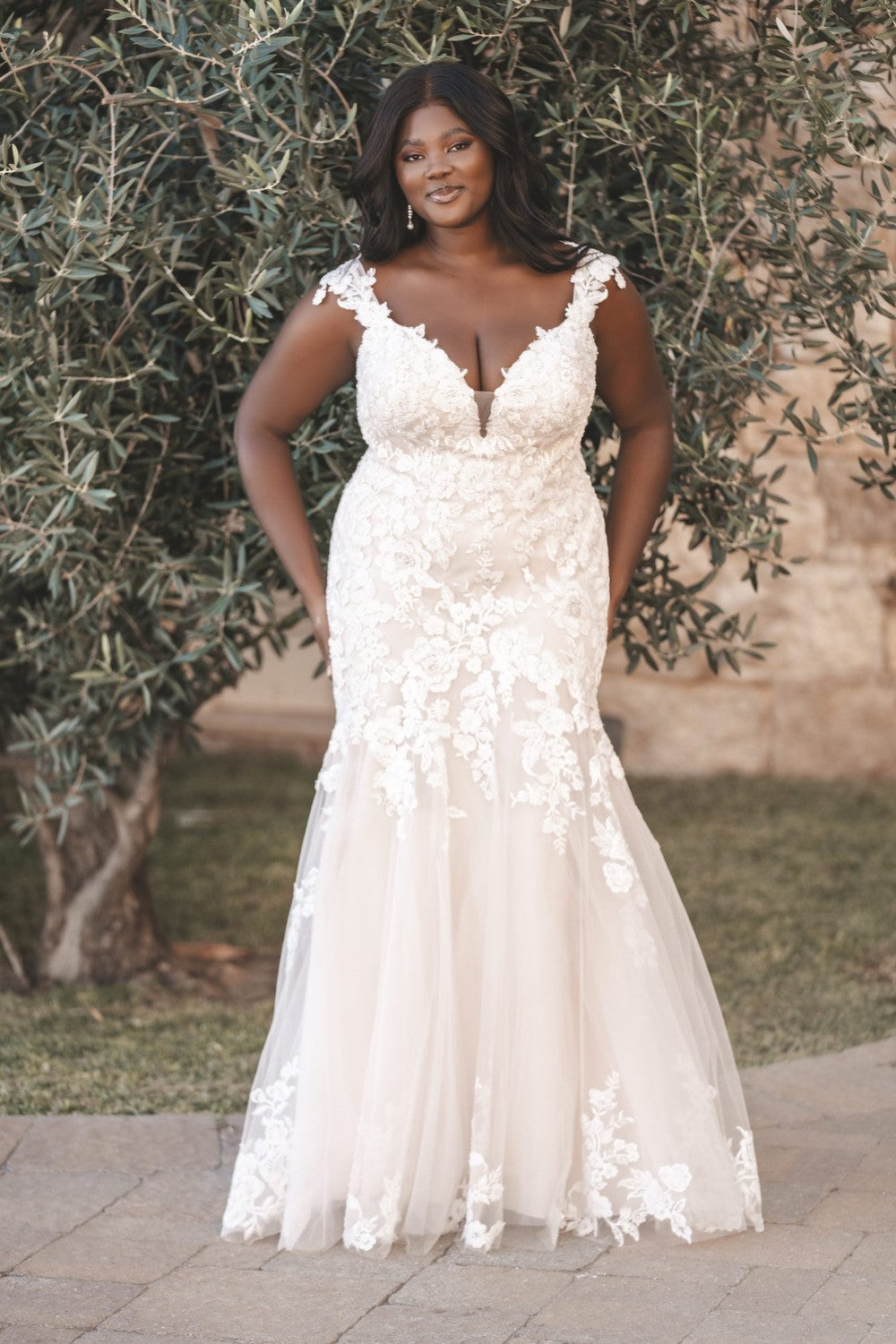 Plus-Size Romantic Off-The-Shoulder Floral Fit-And-Flare Wedding Dress by Allure Bridals