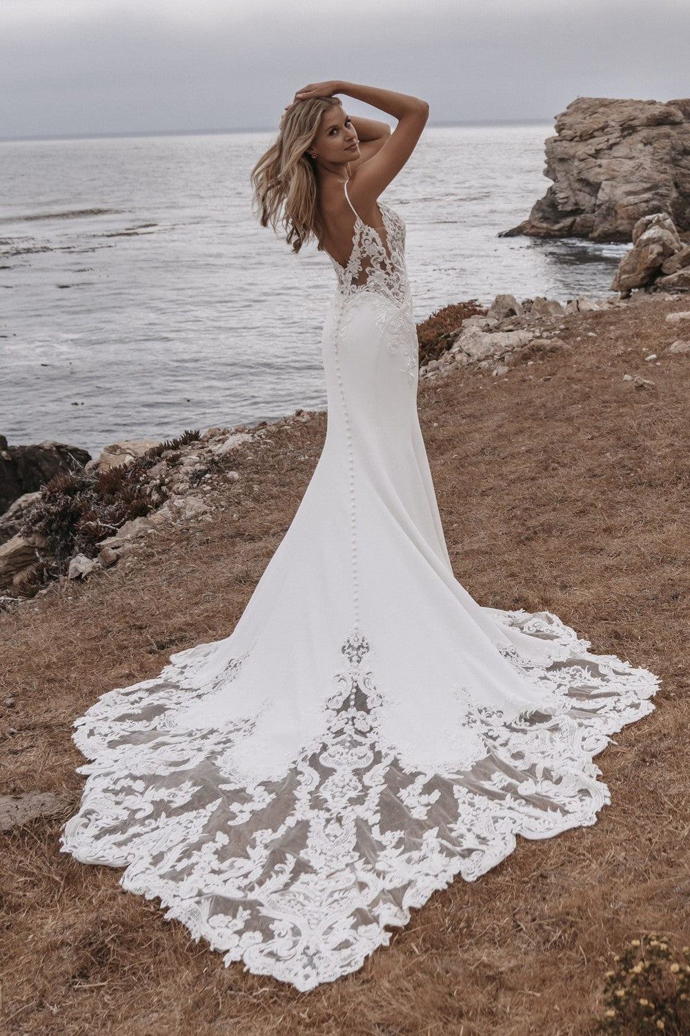 Romantic V-Neck Sheath Wedding Dress With Open Back And Buttons by Allure Bridals — image 2 of 2