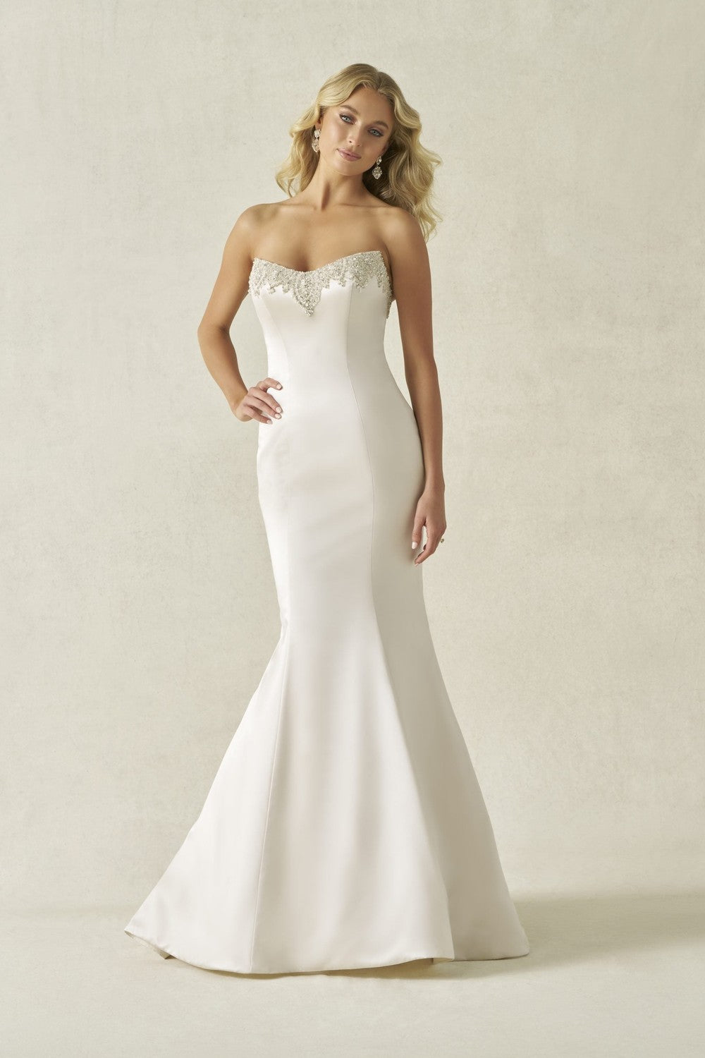 Sleek Embellished Satin Fit-And-Flare Wedding Dress With Buttons by Allure Bridals — image 1 of 3