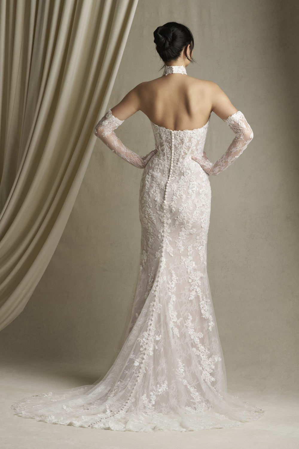 Sleek Lace Sheath Gown With Cat-Eye Neckline | Kleinfeld Bridal Sleek Lace Sheath Gown With Cat-Eye Neckline | Kleinfeld Bridal