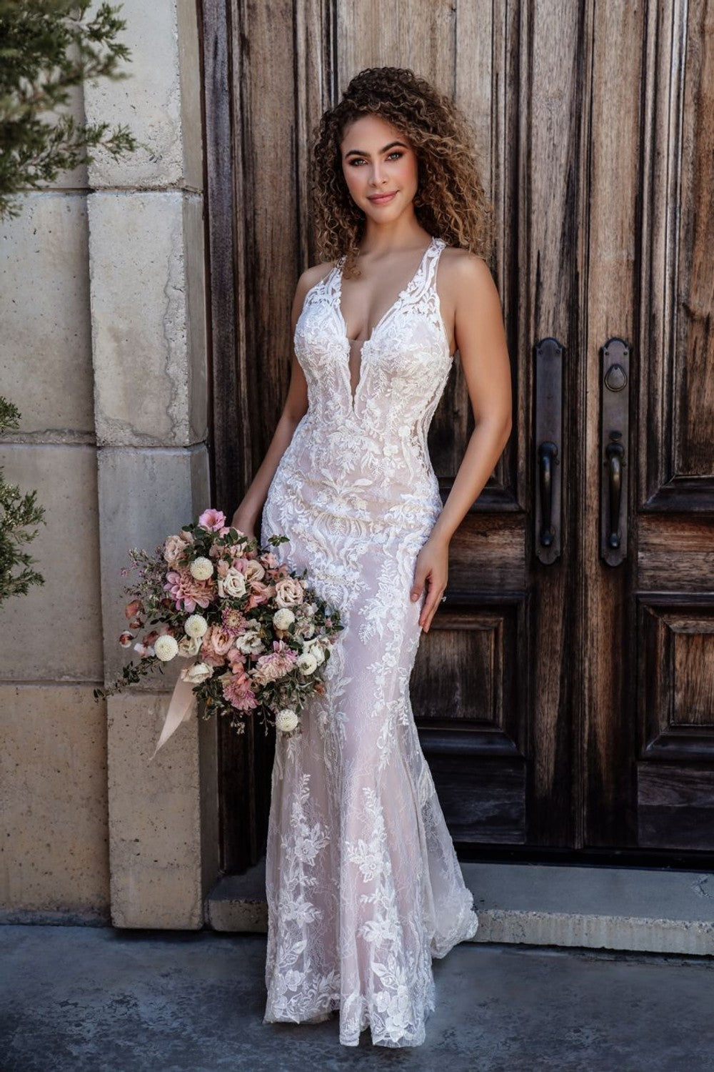 Sleeveless V-neck Sheath Wedding Dress With Illusion Lace Back by Allure Bridals — image 1 of 2