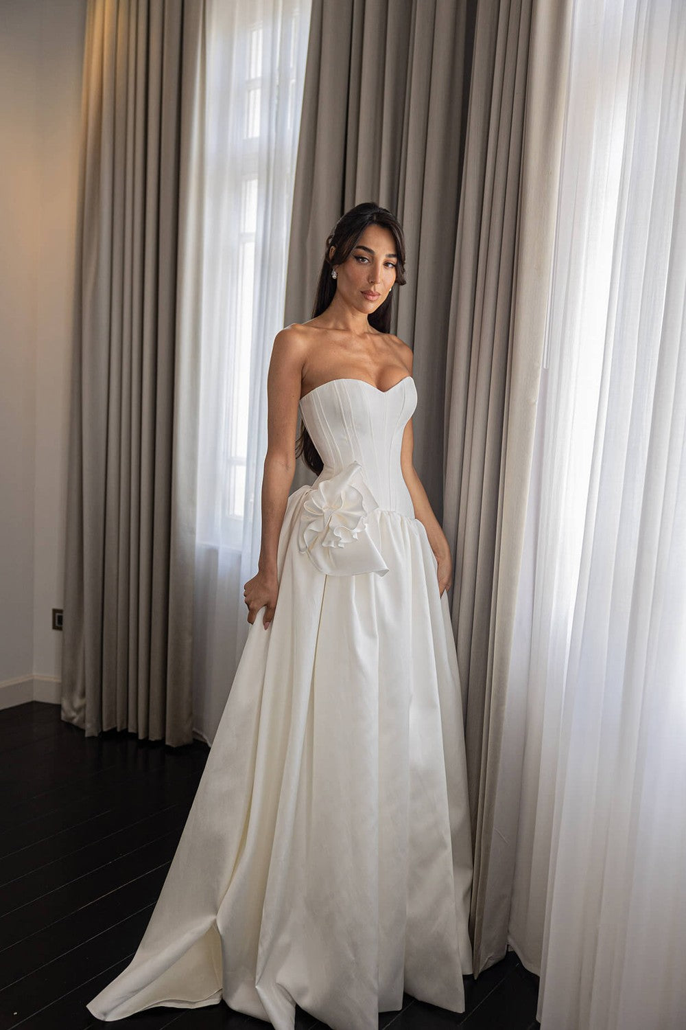 Chic And Dramatic Drop-Waist Ball Gown With Floral Appliqué by Alon Livné — image 1 of 2
