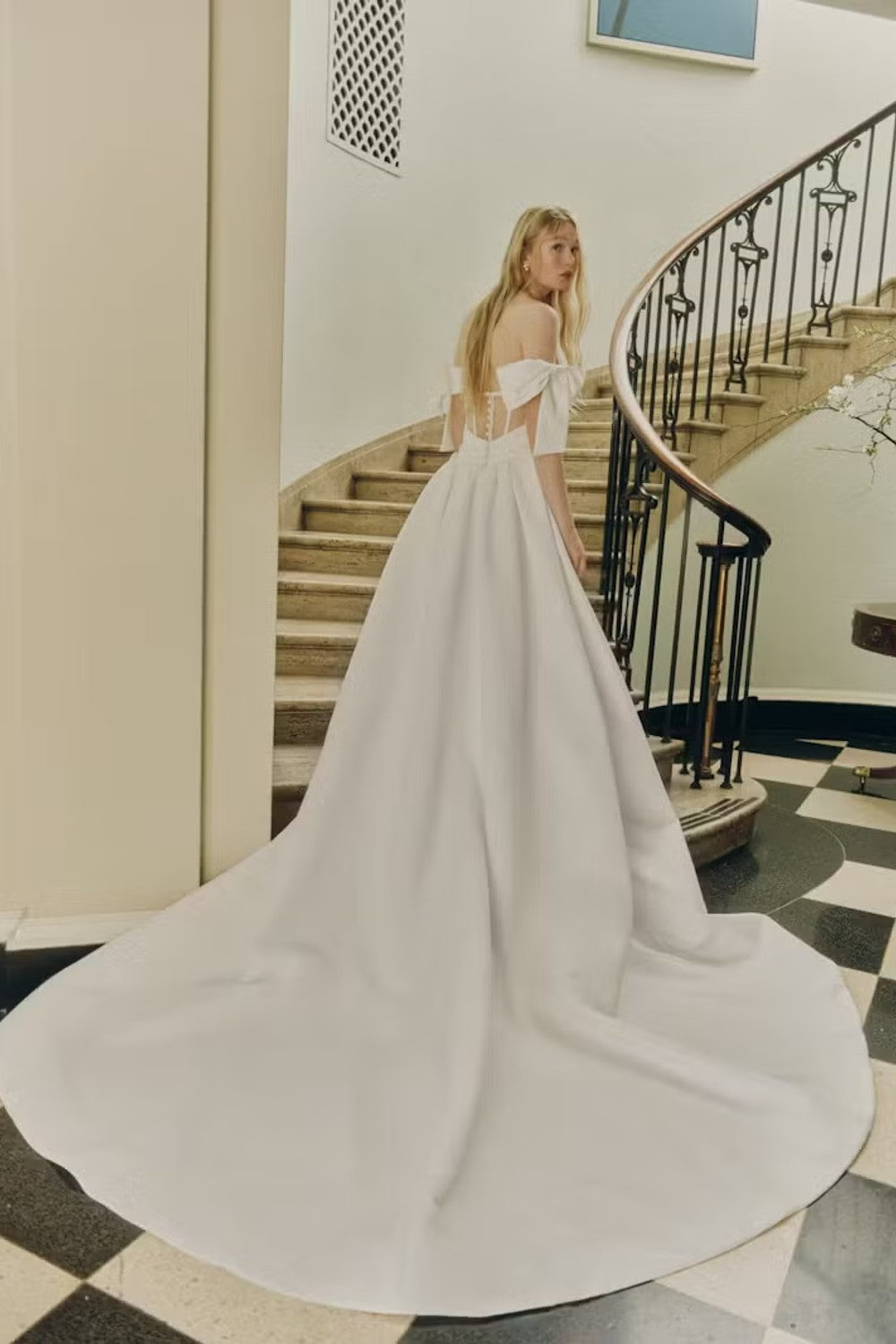 Chic And Modern Off-The-Shoulder Matte Satin Fit-And-Flare Wedding Dress With Buttons by Alyne by Rita Vinieris — image 2 of 2