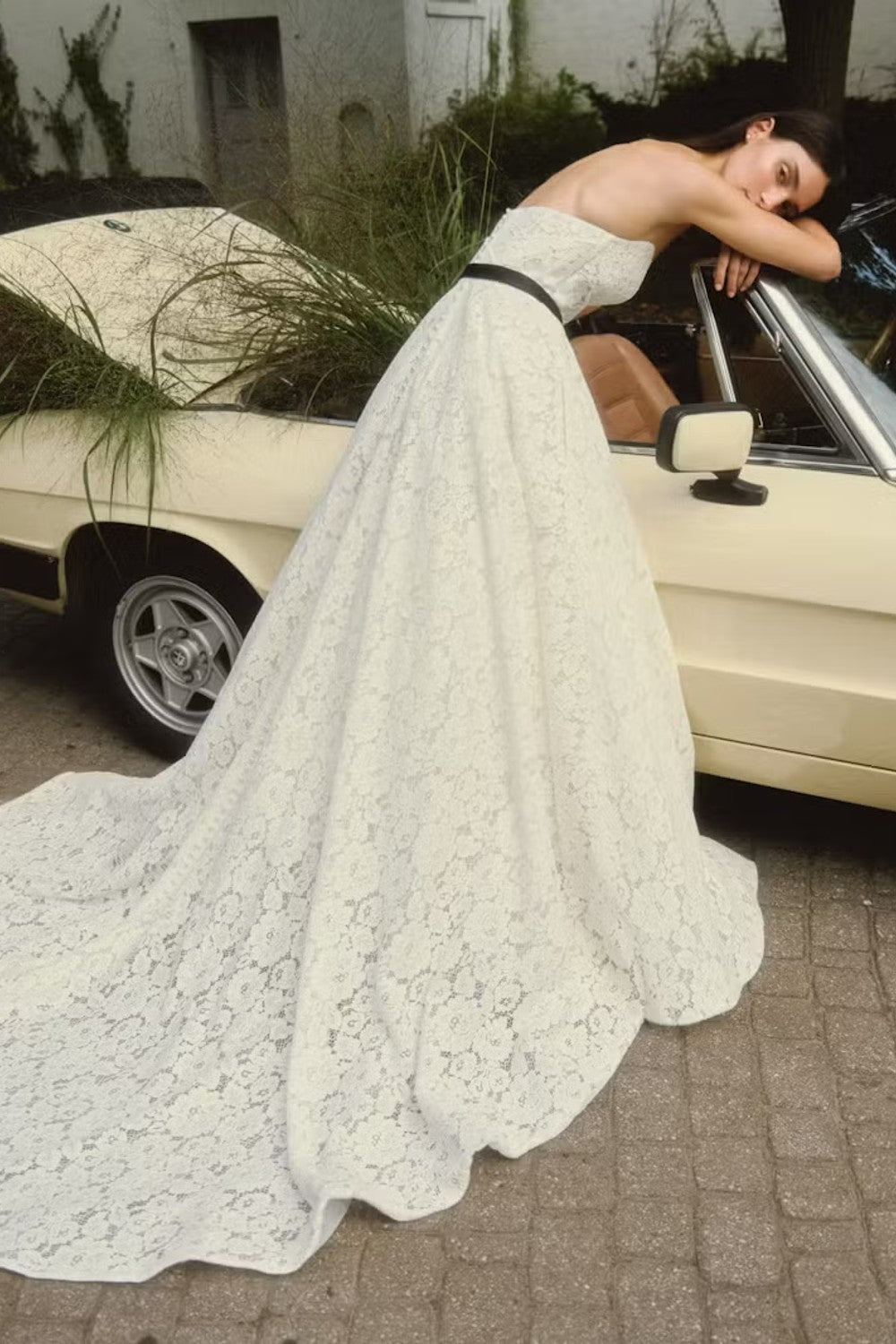 Strapless Lace Ball Gown With Black Belt And 3D Flower | Kleinfeld Bridal