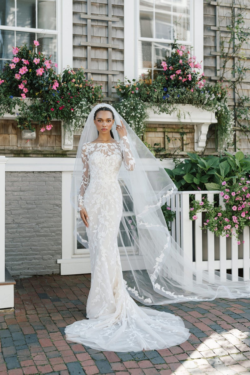 Long Sleeve Floral Sheath Wedding Dress